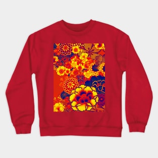 ANTIQUE JAPANESE FLOWERS BLUE RED ORANGE YELLOW Wild Roses Kimono Style Floral Crewneck Sweatshirt